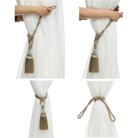 2 Pack Curtain Hand-Woven Tiebacks Crystal Holdbacks Home Decorative (Golden) - Picture 2 of 6